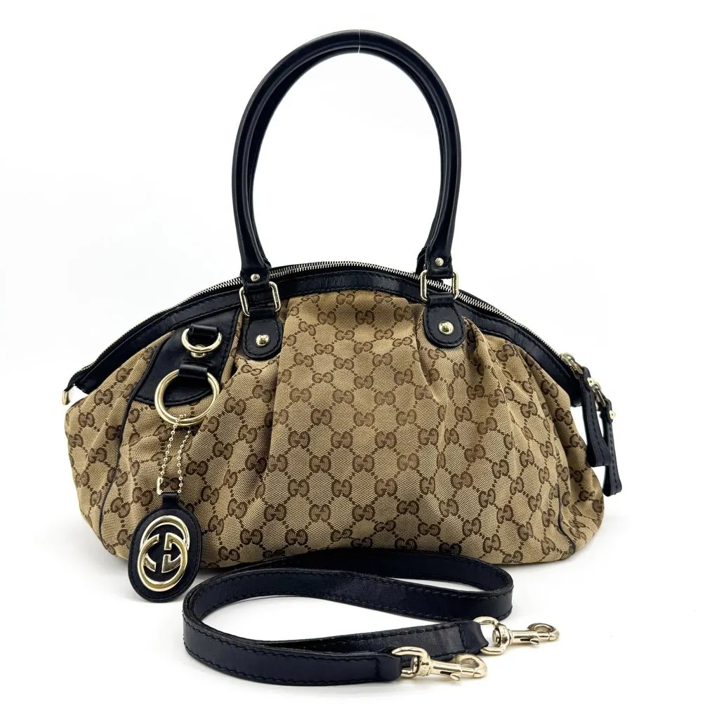 Gucci GG Canvas Sukey Medium Top Handle Bag Brown Black Beige Canvas Fair - Back View