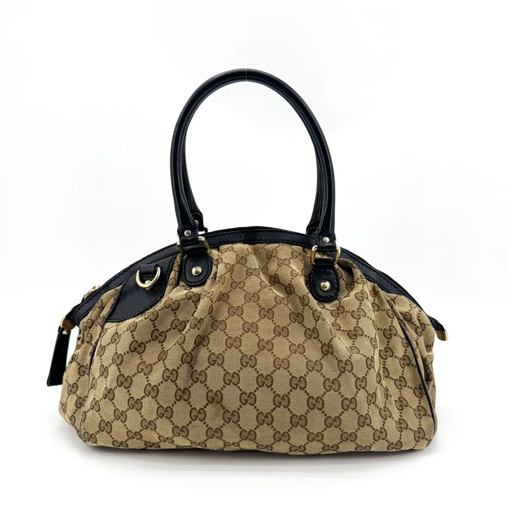 Gucci GG Canvas Sukey Medium Top Handle Bag Brown Black Beige Canvas Fair - Inside View