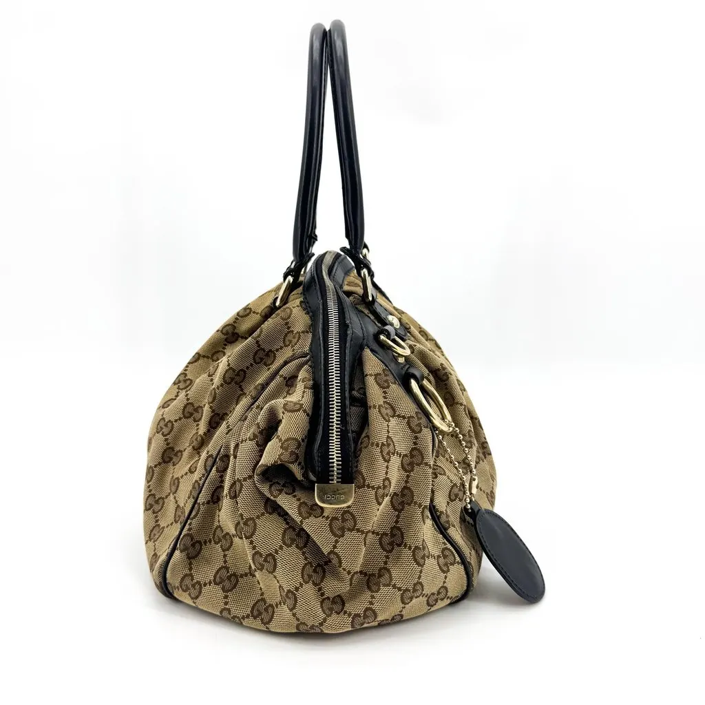 Gucci GG Canvas Sukey Medium Top Handle Bag Brown Black Beige Canvas Fair - Box View