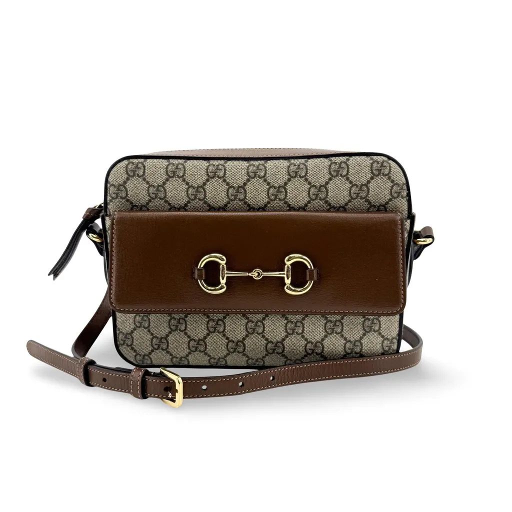 Gucci Horsebit 1955 Small Shoulder Bag Brown GG Supreme Beige Canvas Very good - Front View