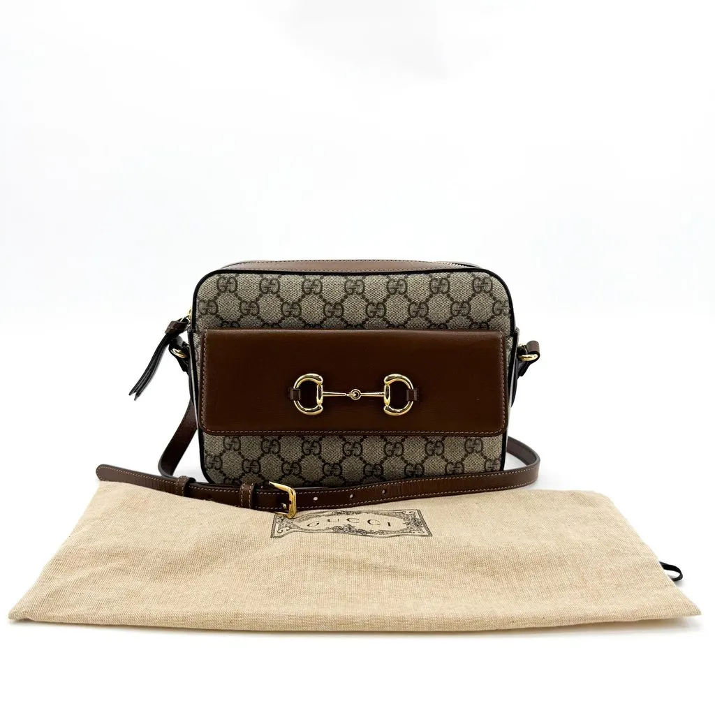 Gucci Horsebit 1955 Small Shoulder Bag Brown GG Supreme Beige Canvas Very good - Back View
