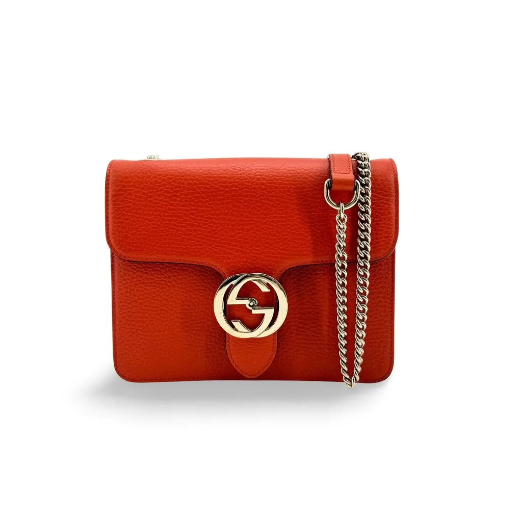 Gucci Interlocking G Dollar Calf Small Chain Shoulder Bag Red Gold Leather Good - Front View