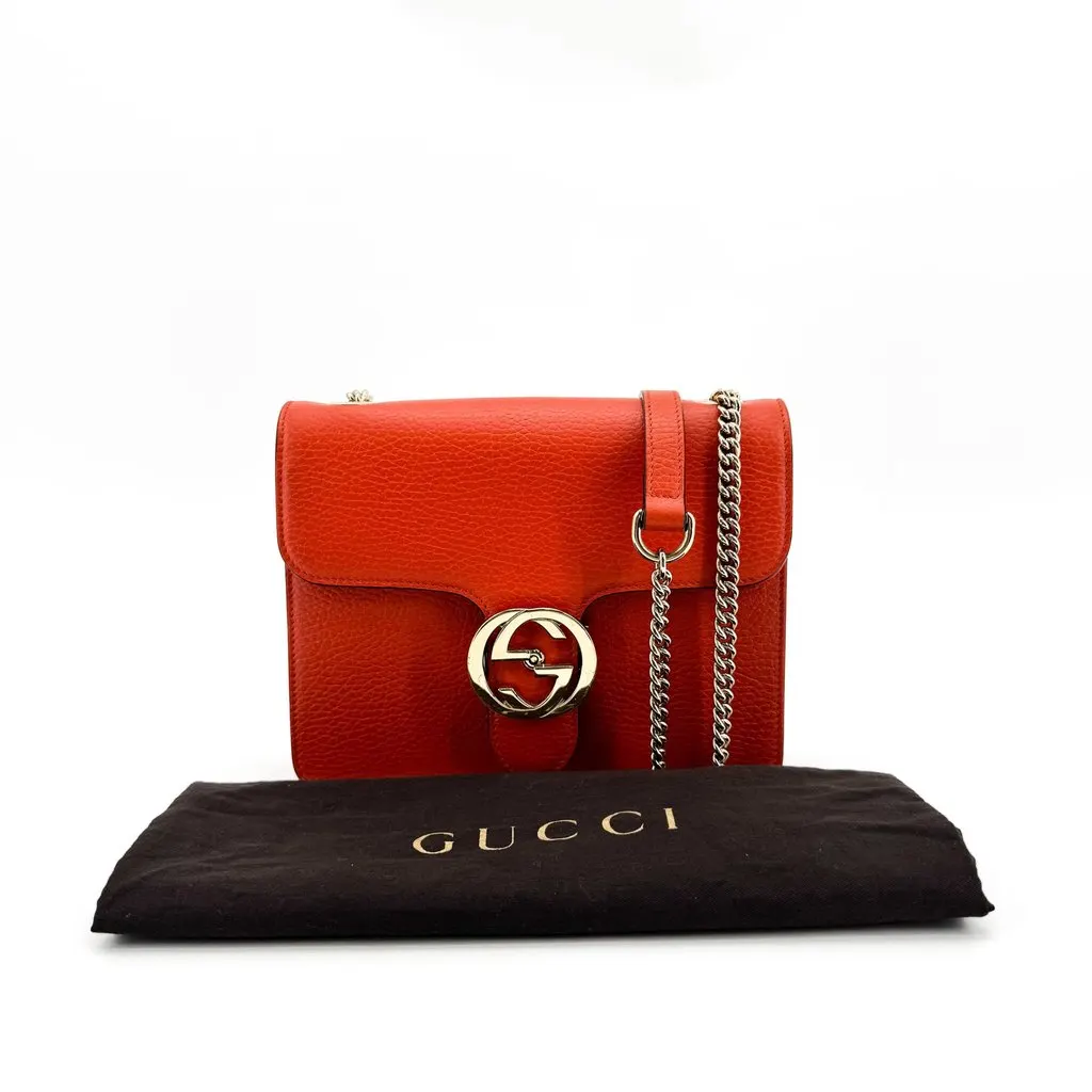 Gucci Interlocking G Dollar Calf Small Chain Shoulder Bag Red Gold Leather Good - Back View
