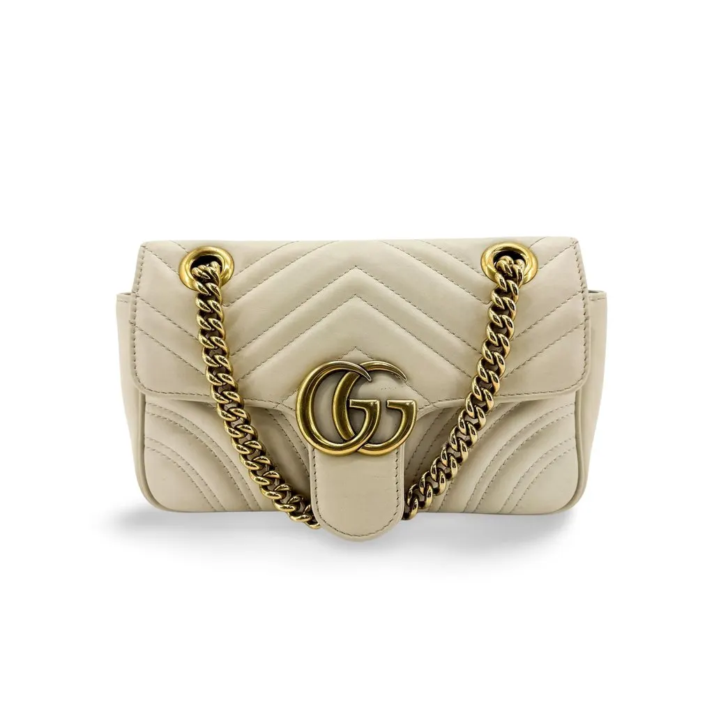 Gucci GG Marmont Mini Shoulder Bag Ivory Gold MultiColor Leather Good - Front View