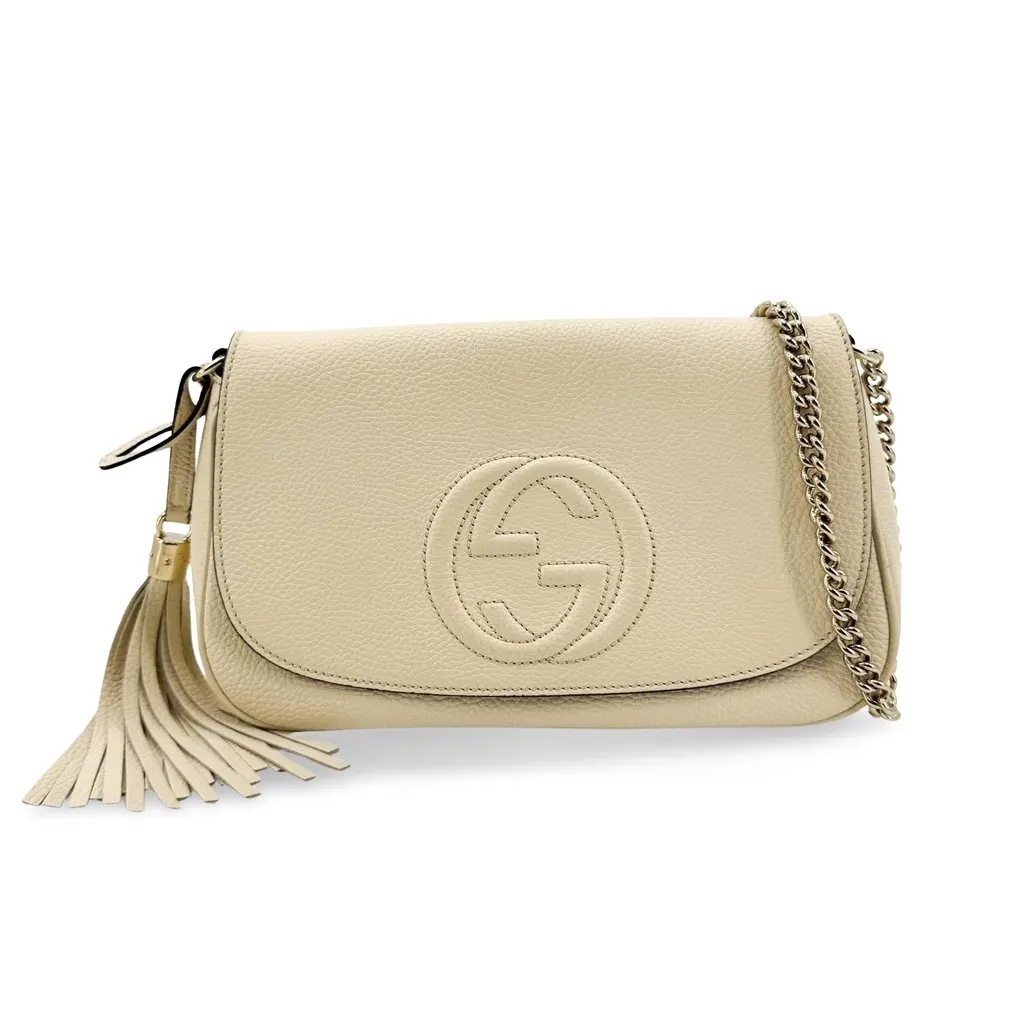 Gucci Soho Leather Tassel Chain Crossbody Bag Beige Leather Good - Front View