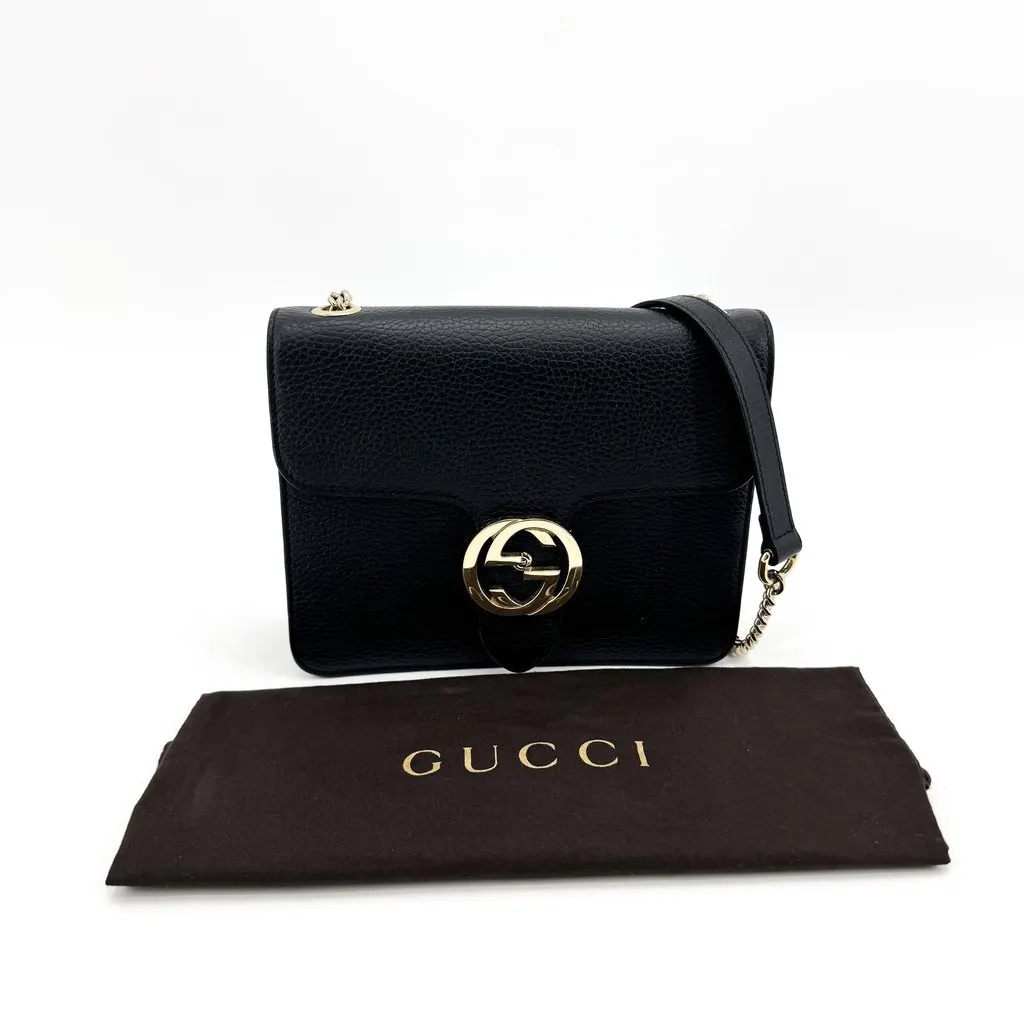Gucci Interlocking G Small Chain Shoulder Bag Black Black Leather Good - Back View