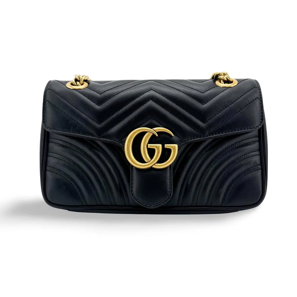 Gucci GG Marmont Mini Matelasse Shoulder Bag Black Gold Black Leather Very good - Front View