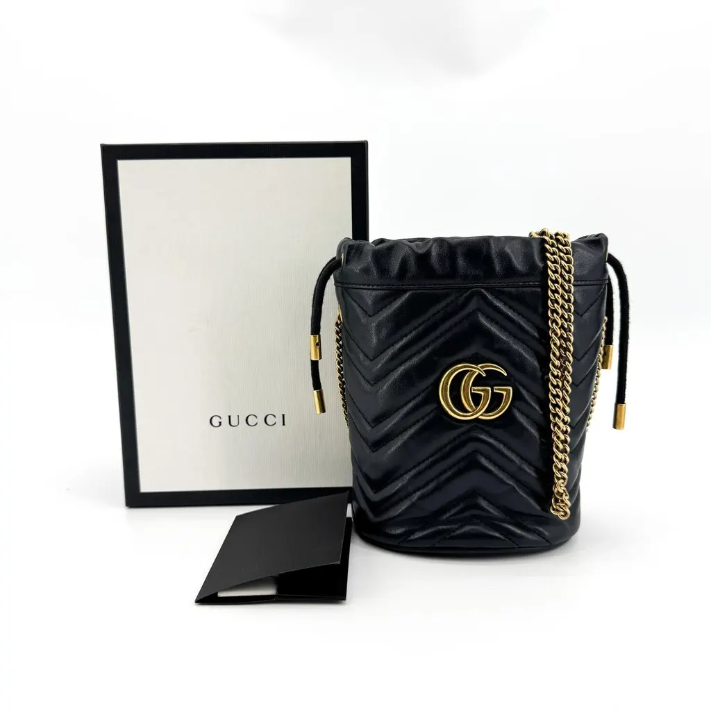 Gucci GG Marmont Mini Bucket Bag Black Gold Black Leather Good - Back View