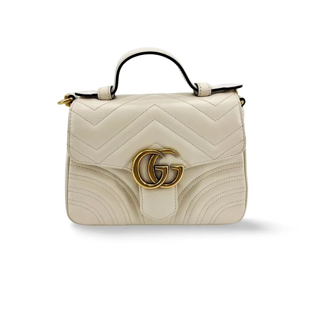 Gucci GG Marmont Mini Top Handle Bag White White Leather Good - Front View