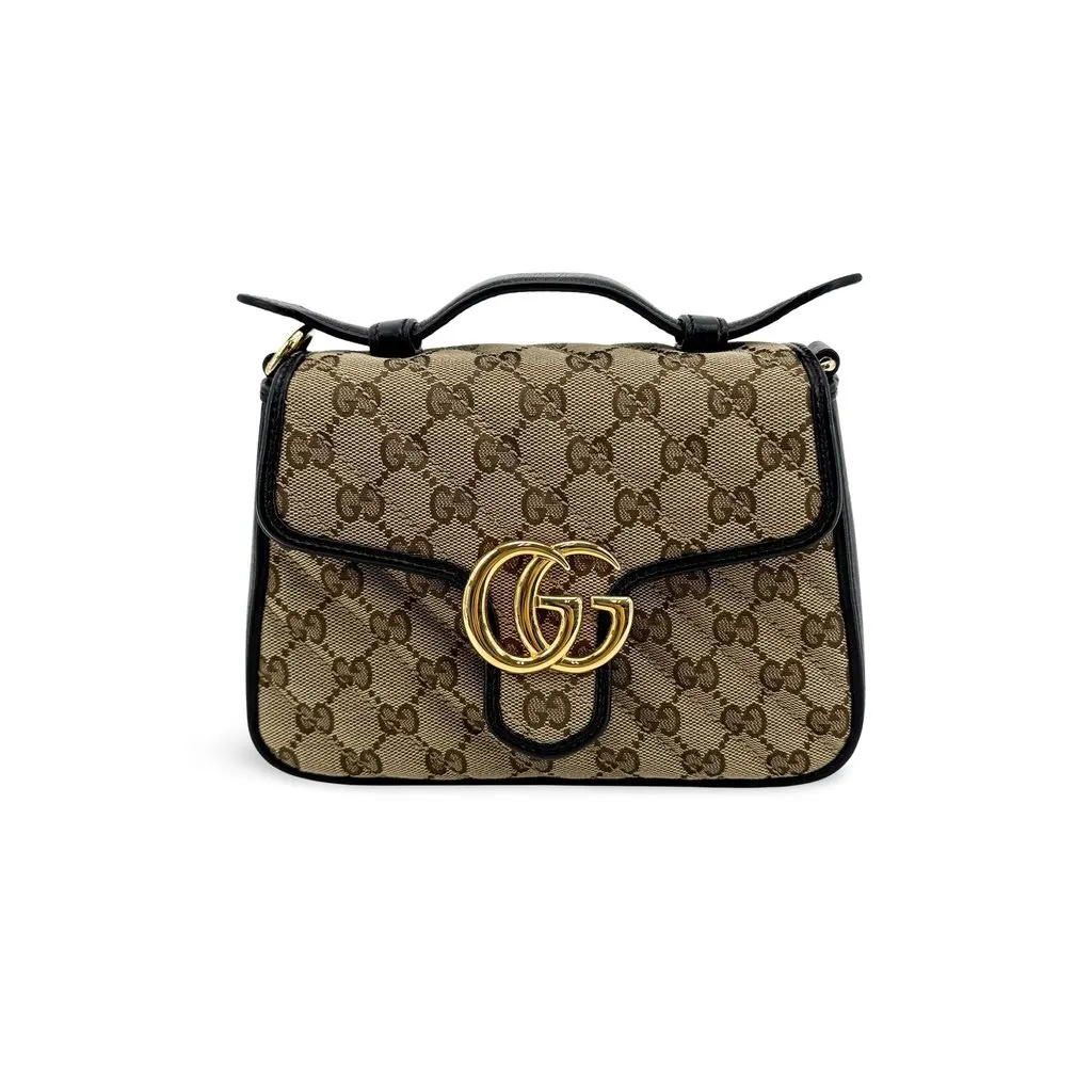 Gucci GG Marmont Mini Top Handle Bag GG Supreme Black Beige Canvas Very good - Front View