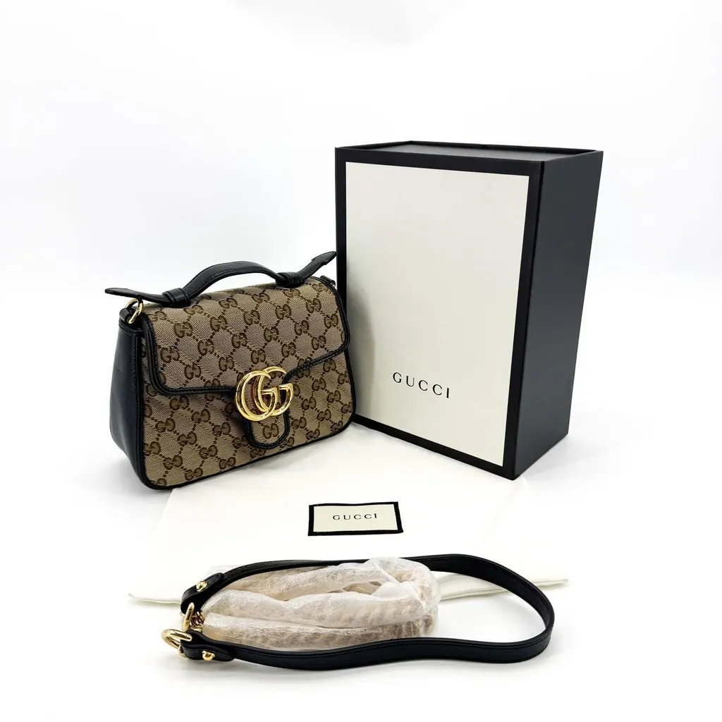 Gucci GG Marmont Mini Top Handle Bag GG Supreme Black Beige Canvas Very good - Back View