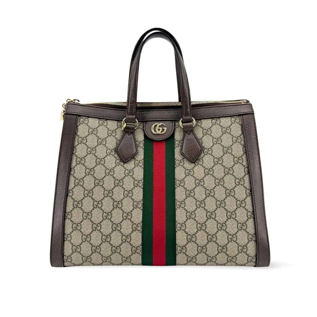 Gucci Ophidia GG Medium Tote Bag Brown Beige Canvas Good - Front View