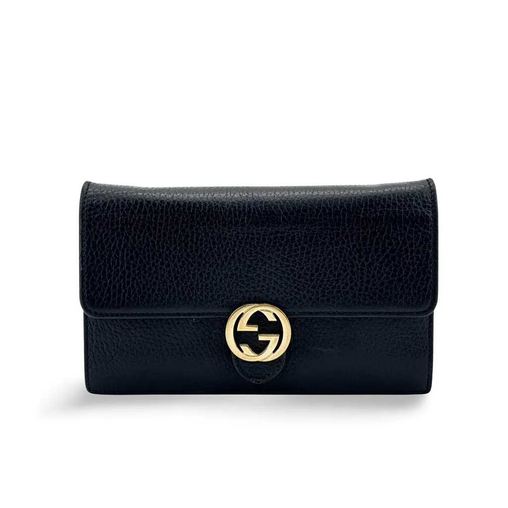 Gucci Interlocking G Dollar Calf Chain Shoulder Bag Black Gold Black Leather Good - Front View