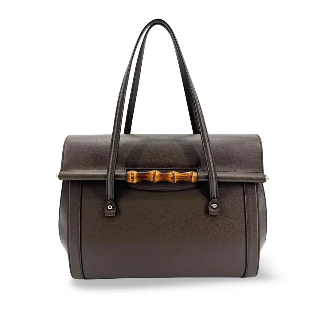 Gucci Vintage Bamboo Leather Flap Shoulder Bag Dark Brown Brown Leather Very good - Front View