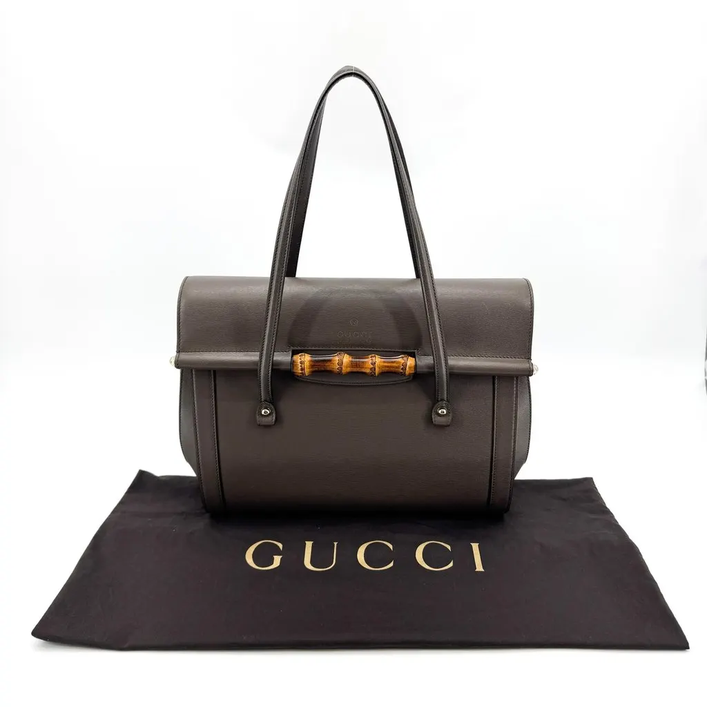 Gucci Vintage Bamboo Leather Flap Shoulder Bag Dark Brown Brown Leather Very good - Back View
