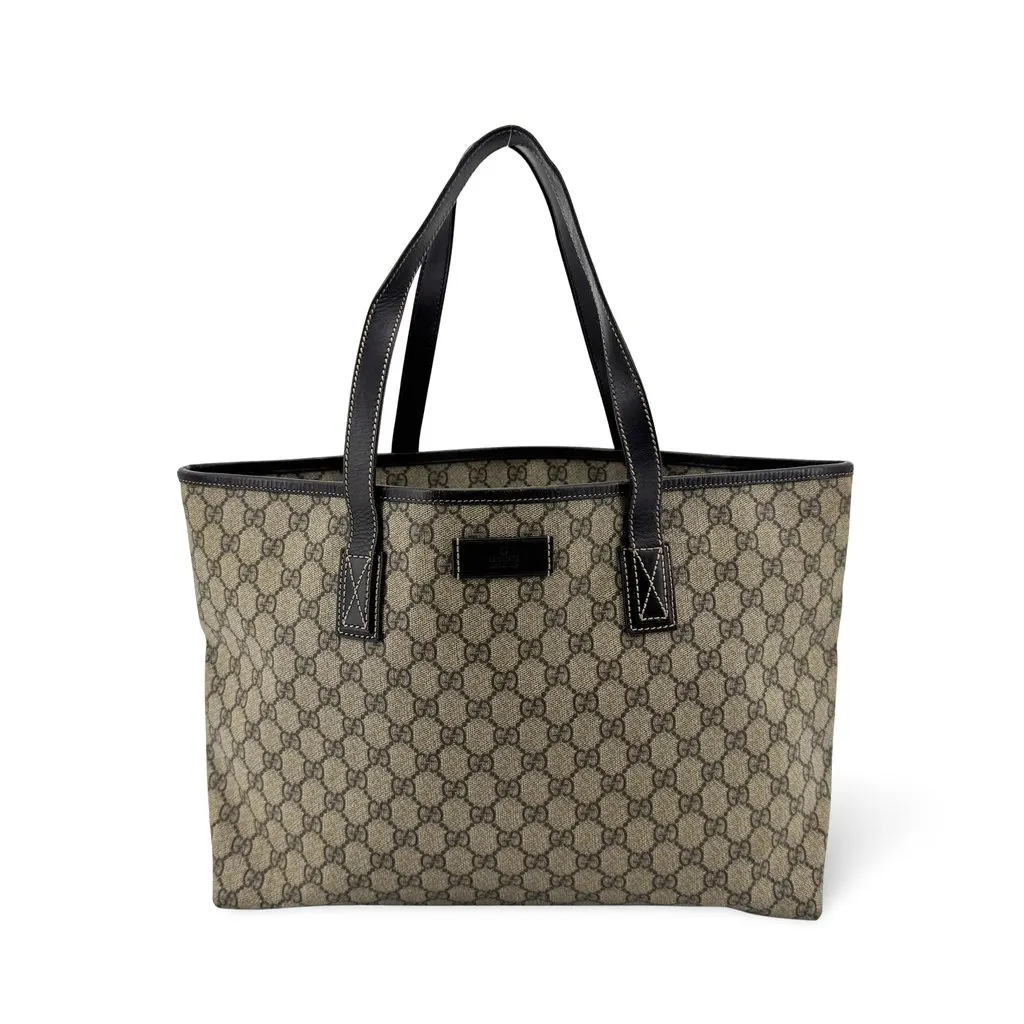 Gucci GG Supreme Medium Tote Bag Brown Black Beige Canvas Good - Front View