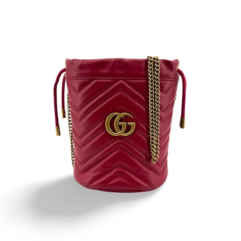 Gucci GG Marmont Mini Bucket Bag Red Gold Red Leather Good - Front View