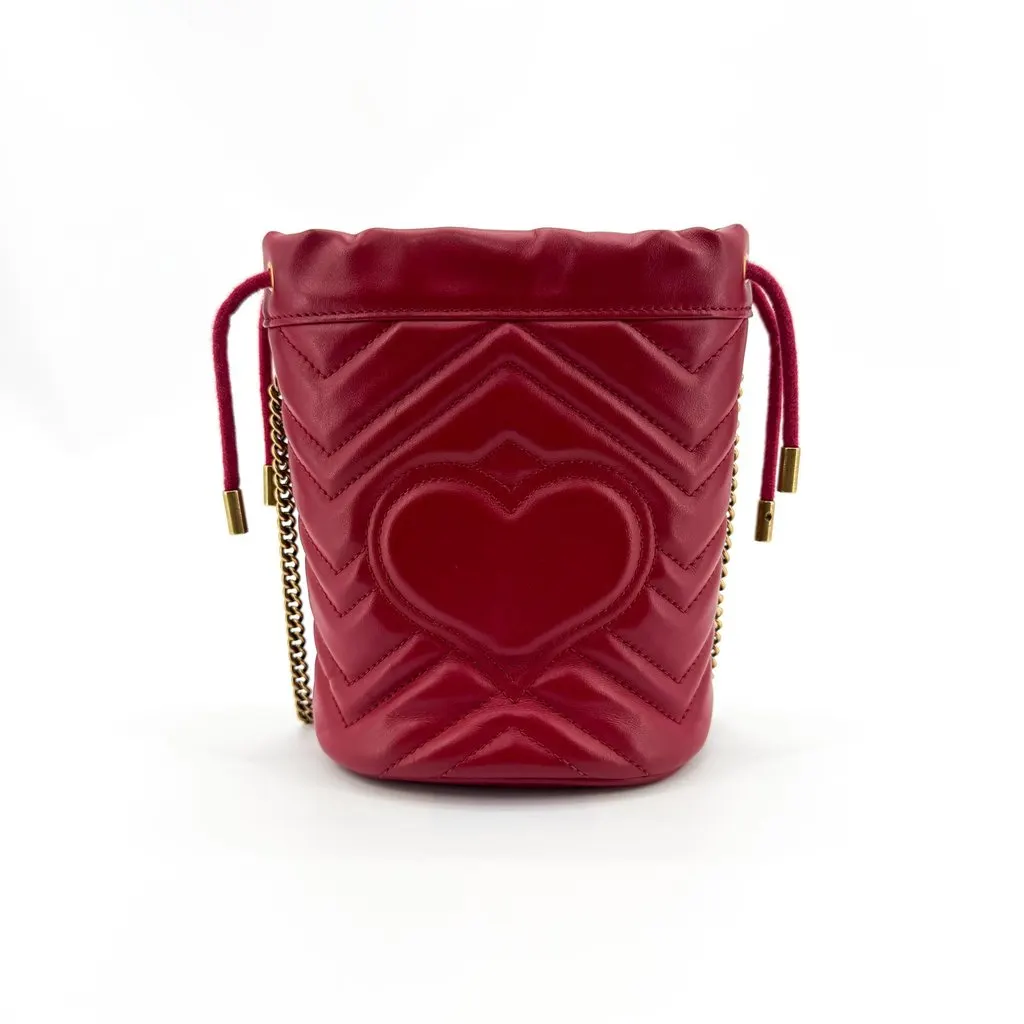 Gucci GG Marmont Mini Bucket Bag Red Gold Red Leather Good - Back View