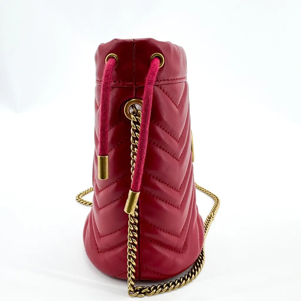 Gucci GG Marmont Mini Bucket Bag Red Gold Red Leather Good - Model View