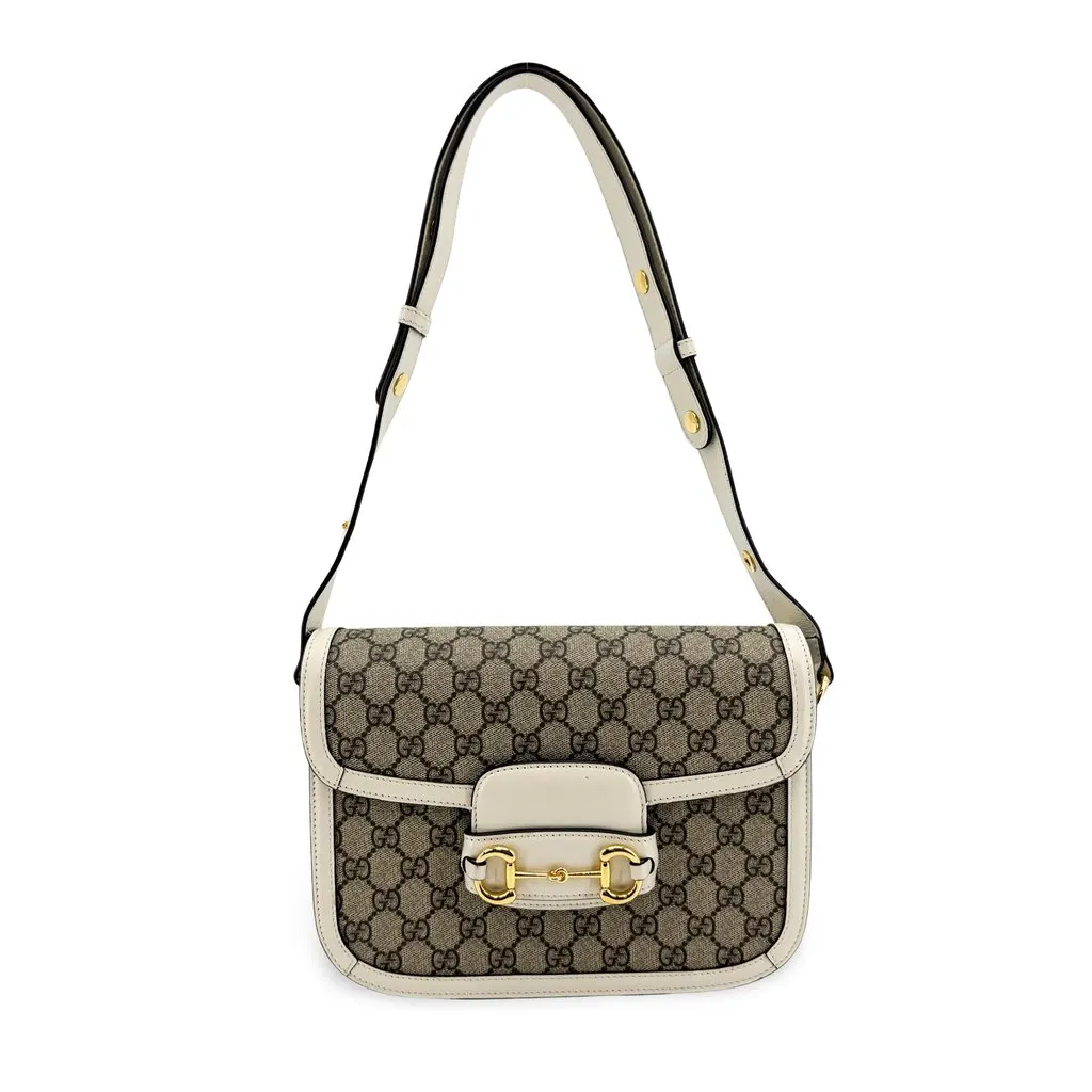 Gucci Horsebit 1955 Small Shoulder Bag GG Supreme White Beige Canvas Good - Front View