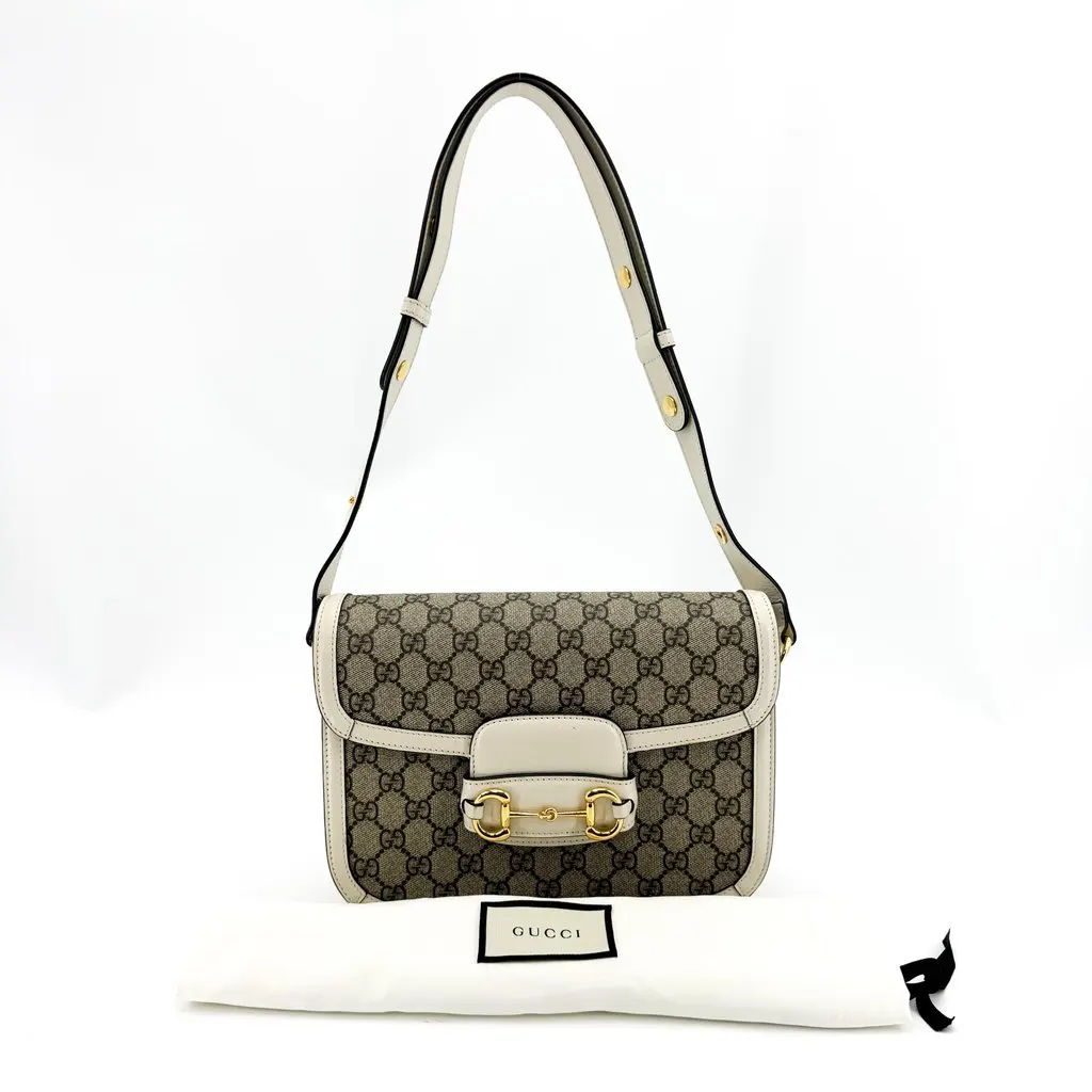 Gucci Horsebit 1955 Small Shoulder Bag GG Supreme White Beige Canvas Good - Back View