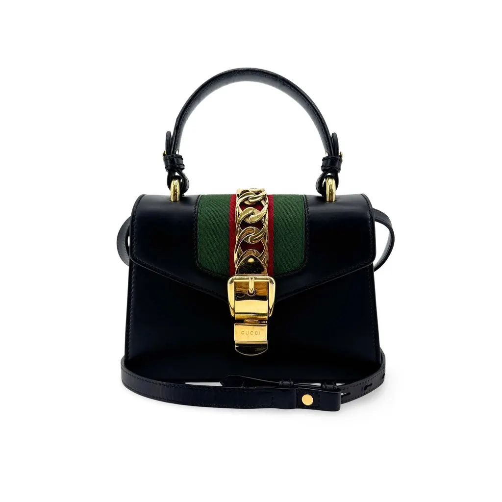 Gucci Sylvie Mini Top Handle Shoulder Bag Black Gold Black Leather Fair - Front View