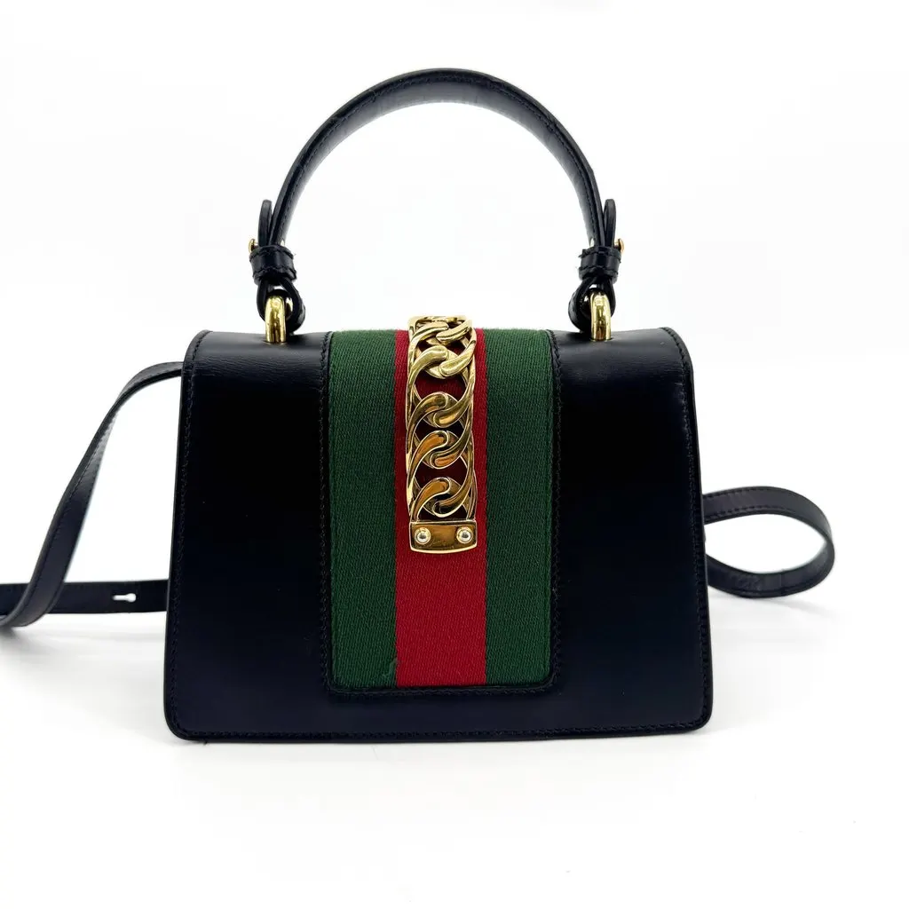 Gucci Sylvie Mini Top Handle Shoulder Bag Black Gold Black Leather Fair - Back View