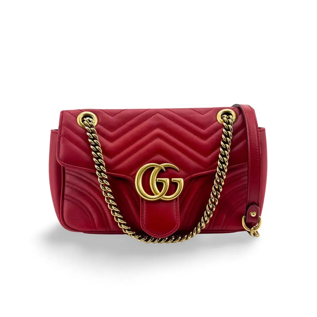 Gucci GG Marmont Matelasse Mini Shoulder Bag Red Gold Gold Leather Very good - Front View