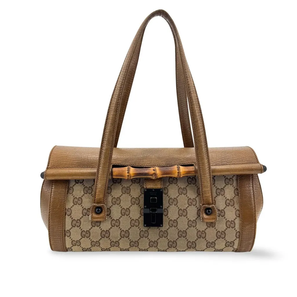 Gucci GG Canvas Bamboo Frame Shoulder Bag Brown Beige Canvas Good - Front View