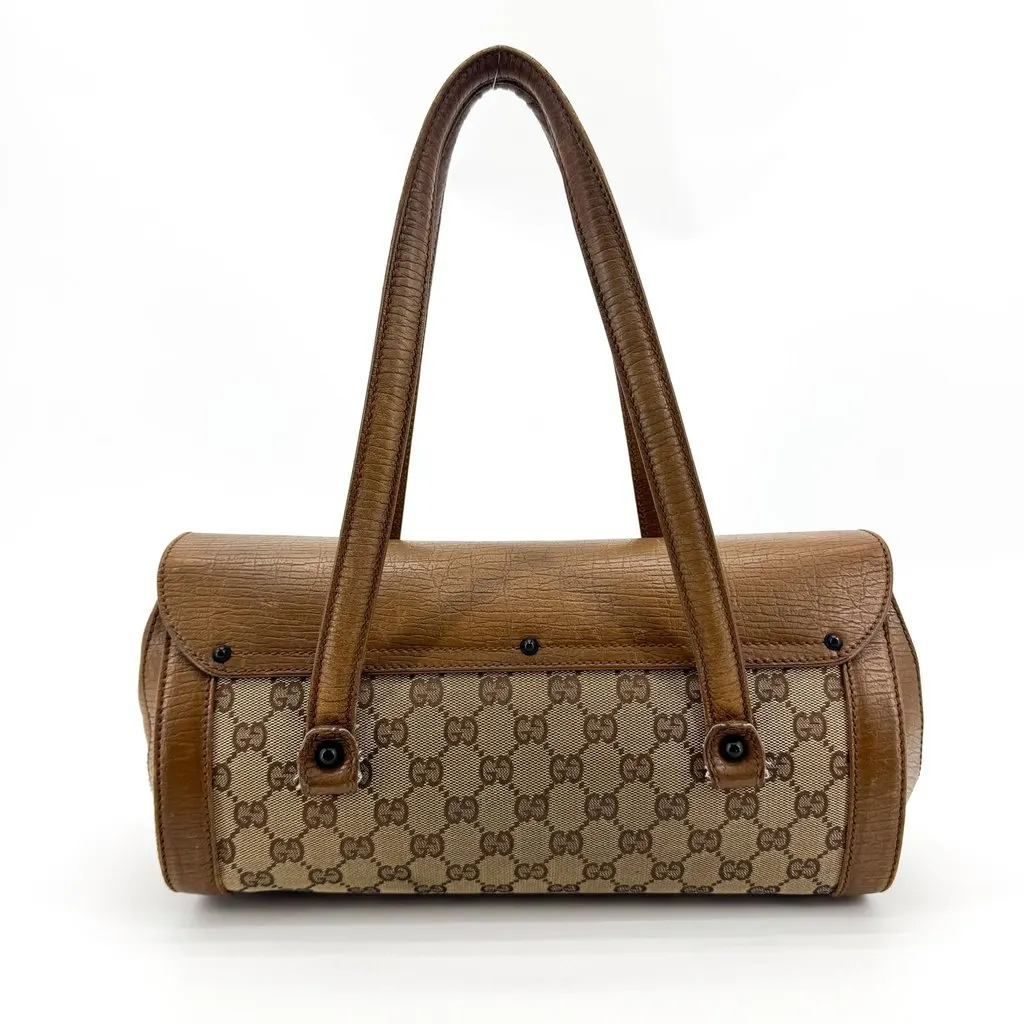 Gucci GG Canvas Bamboo Frame Shoulder Bag Brown Beige Canvas Good - Back View