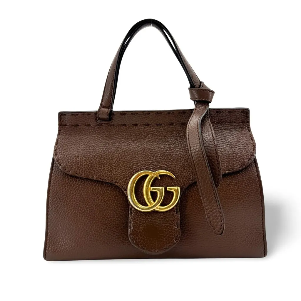 Gucci GG Marmont Mini Top Handle Bag Brown Brown Leather Good - Front View