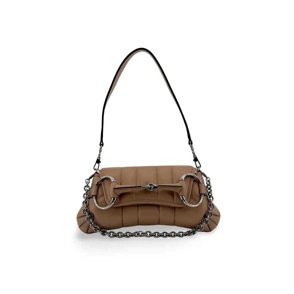 Gucci Horsebit Chain Small Shoulder Bag Beige Beige Leather Good - Front View