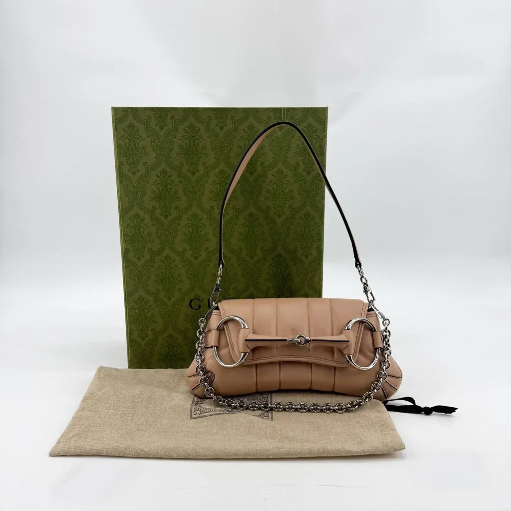 Gucci Horsebit Chain Small Shoulder Bag Beige Beige Leather Good - Back View