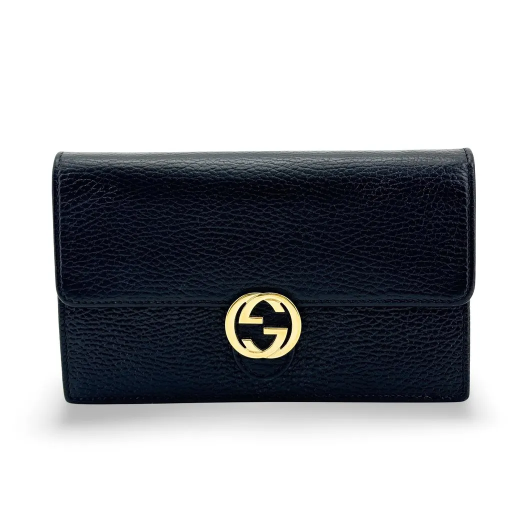 Gucci Interlocking G Dollar Calf Chain Shoulder Bag Black Black Leather Good - Front View