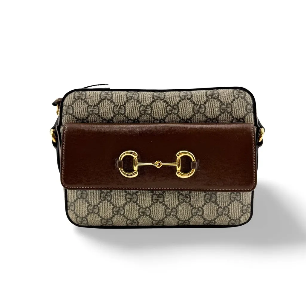 Gucci Horsebit 1955 Small Shoulder Bag Brown GG Supreme Beige Canvas Good - Front View