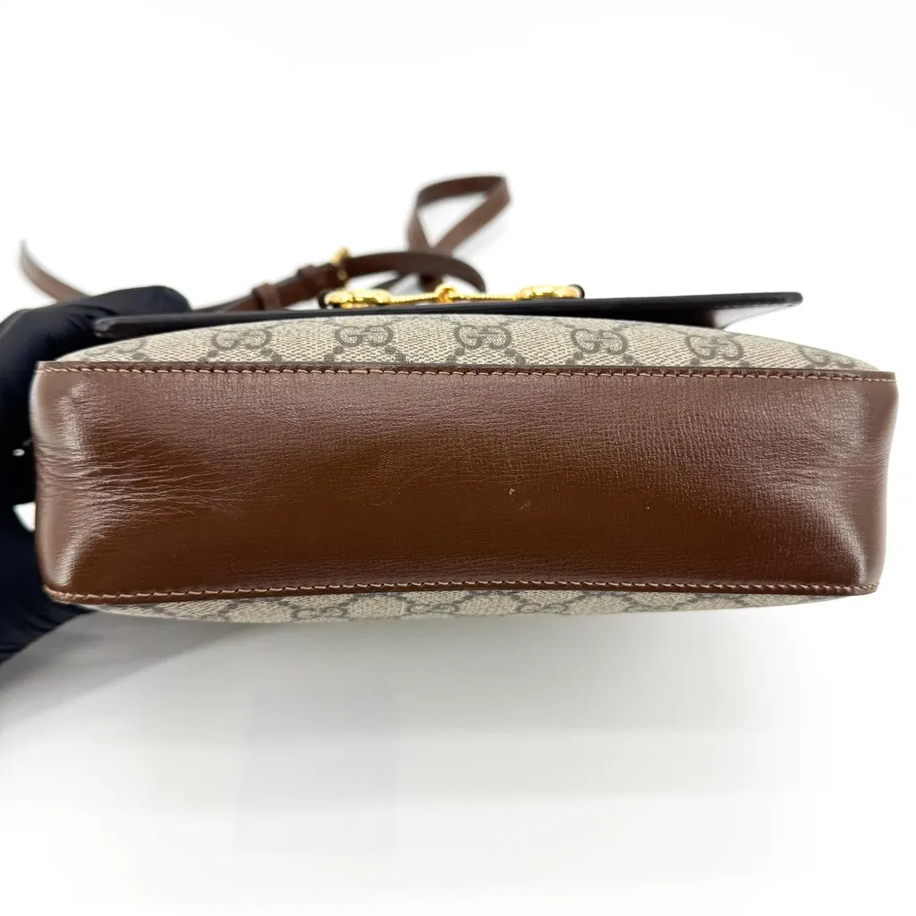 Gucci Horsebit 1955 Small Shoulder Bag Brown GG Supreme Beige Canvas Good - Box View