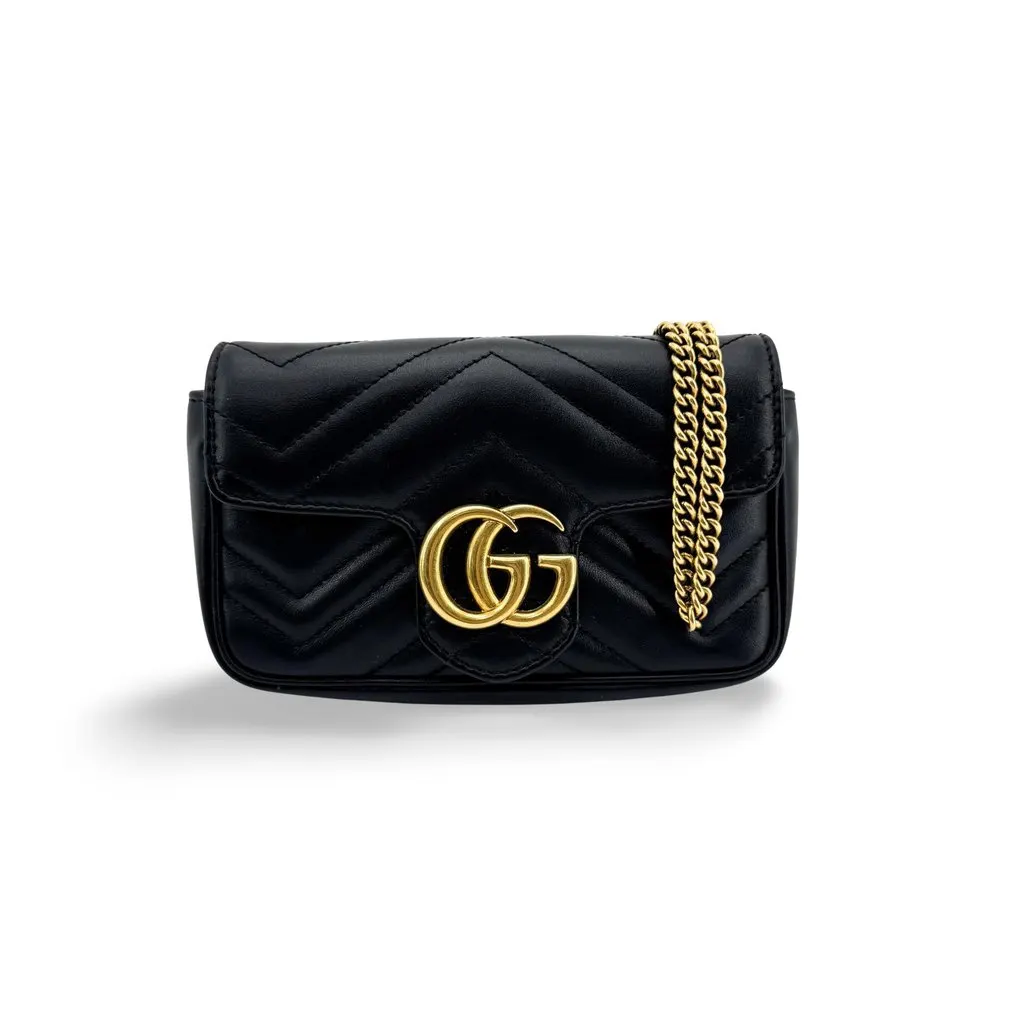 Gucci GG Marmont Matelassé Super Mini Shoulder Bag Black Black Leather Very good - Front View