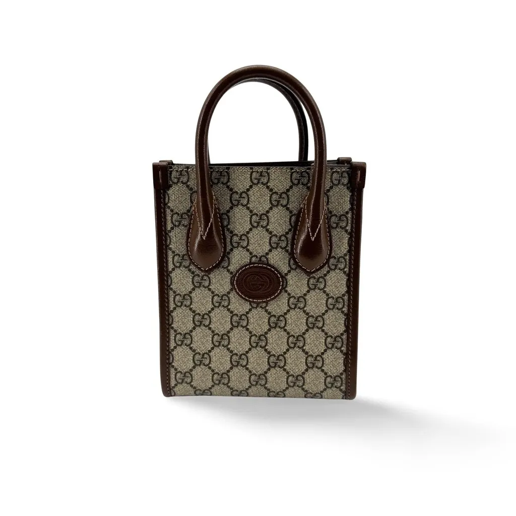 Gucci Interlocking G Mini Tote Bag Brown GG Supreme Beige Canvas Very good - Front View