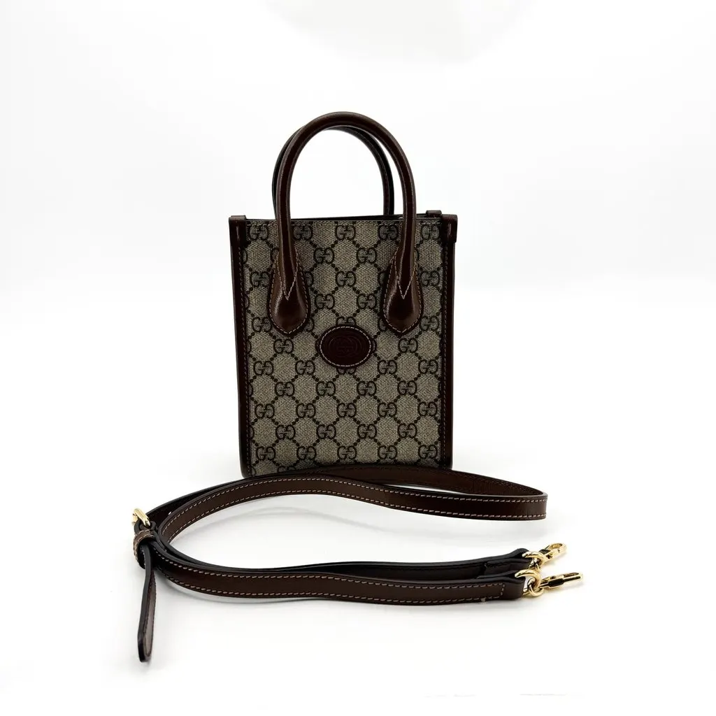 Gucci Interlocking G Mini Tote Bag Brown GG Supreme Beige Canvas Very good - Back View