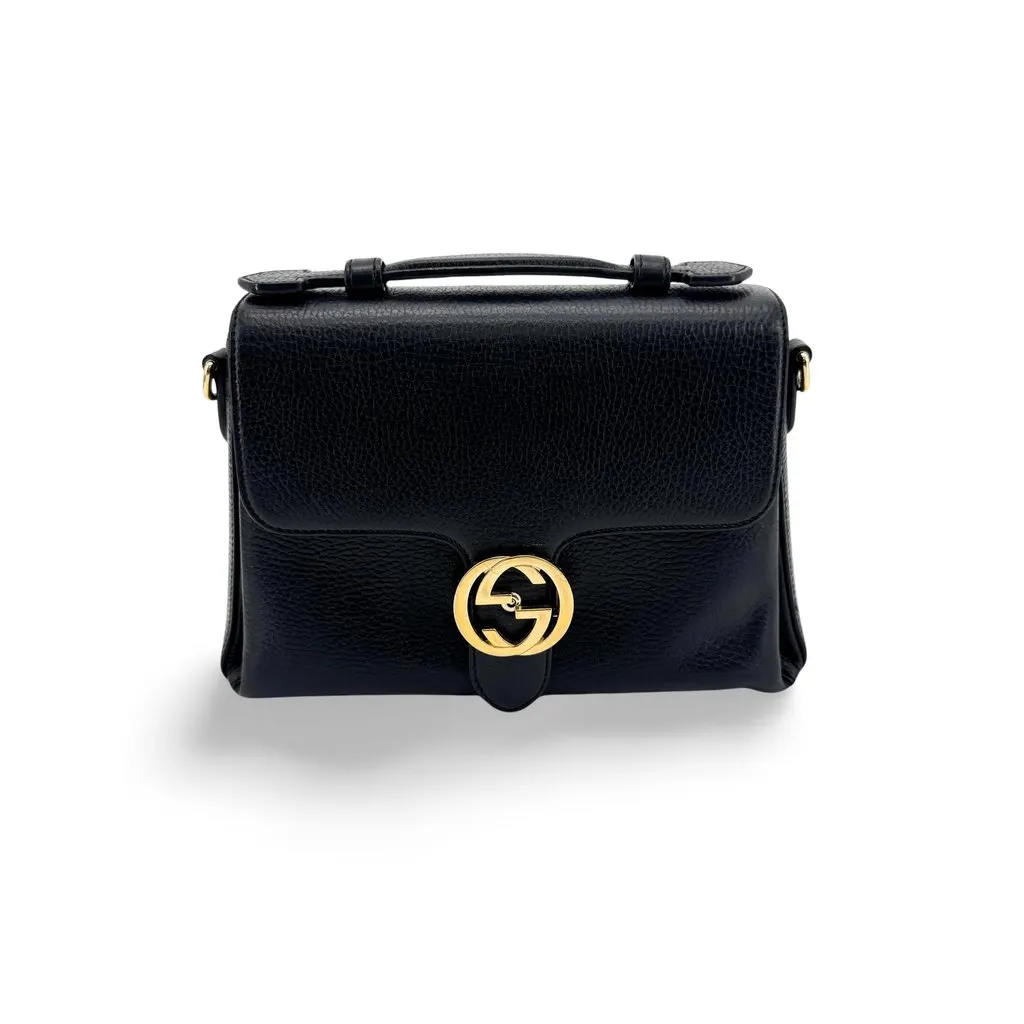 Gucci Interlocking G Small Top Handle Shoulder Bag Black Gold Black Leather Good - Front View