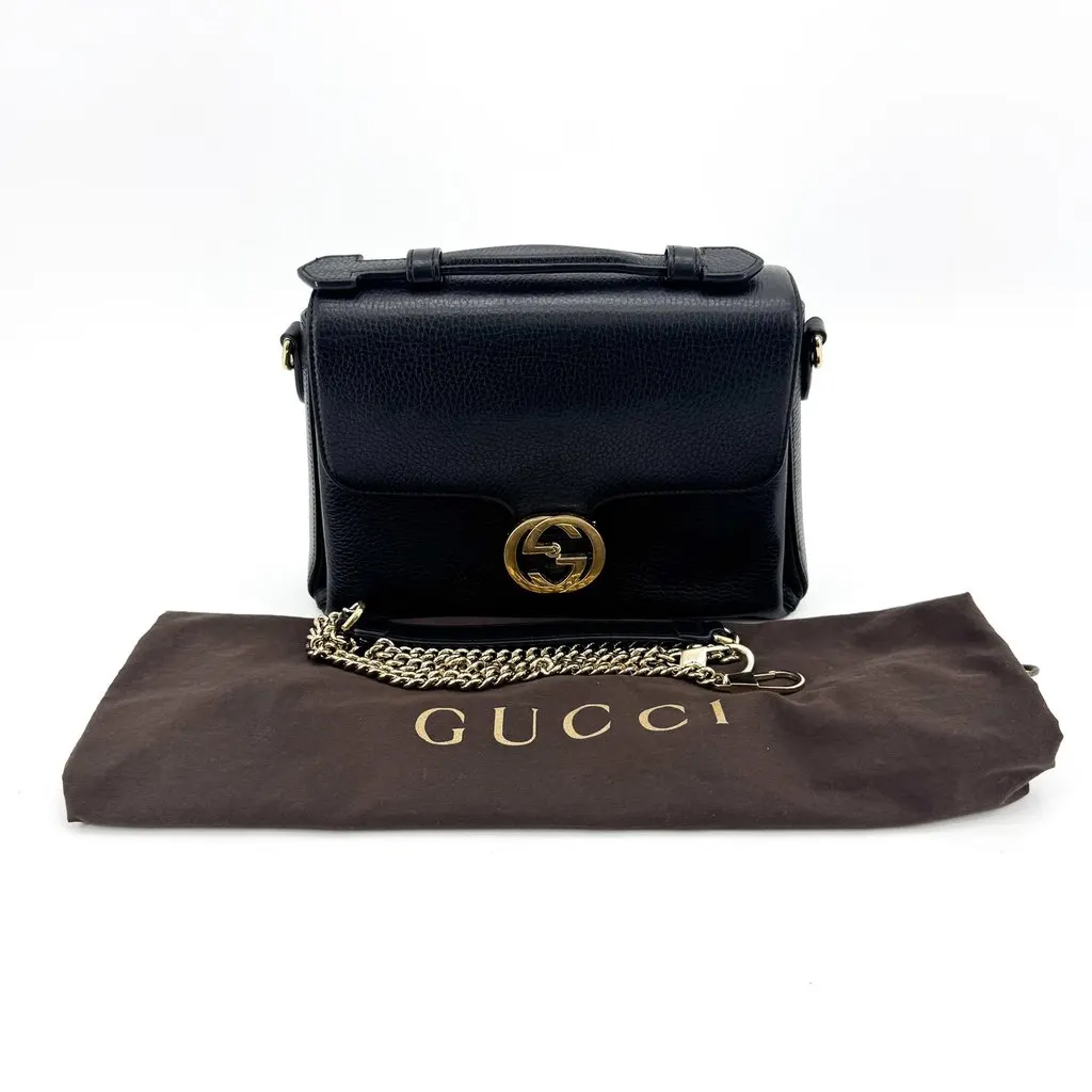 Gucci Interlocking G Small Top Handle Shoulder Bag Black Gold Black Leather Good - Back View