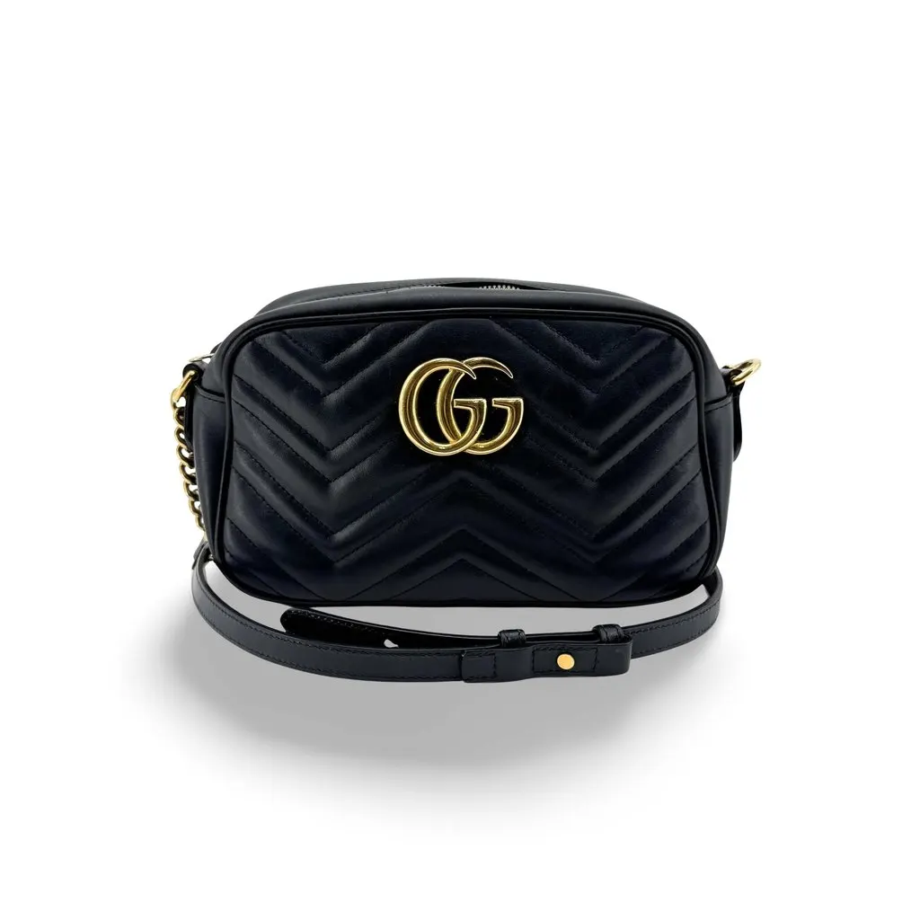 Gucci GG Marmont Matelasse Mini Shoulder Bag Black Black Leather Fair - Front View