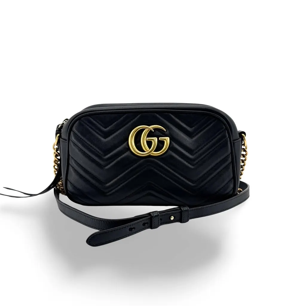 Gucci GG Marmont Matelasse Mini Shoulder Bag Black Black Leather Good - Front View