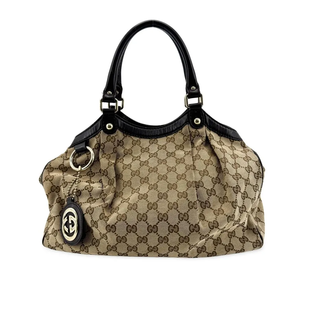 Gucci GG Canvas Sukey Medium Tote Bag Black Beige Canvas Good - Front View