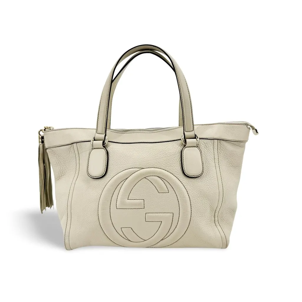 Gucci Soho Leather Tote Bag Ivory Beige Leather Good - Front View