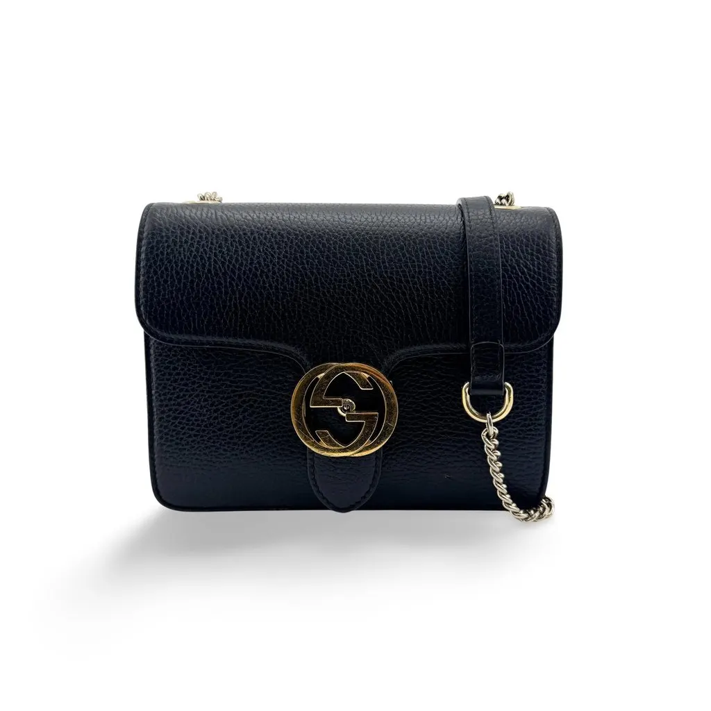 Gucci Interlocking G Chain Shoulder Bag Small Black Black Leather Good - Front View