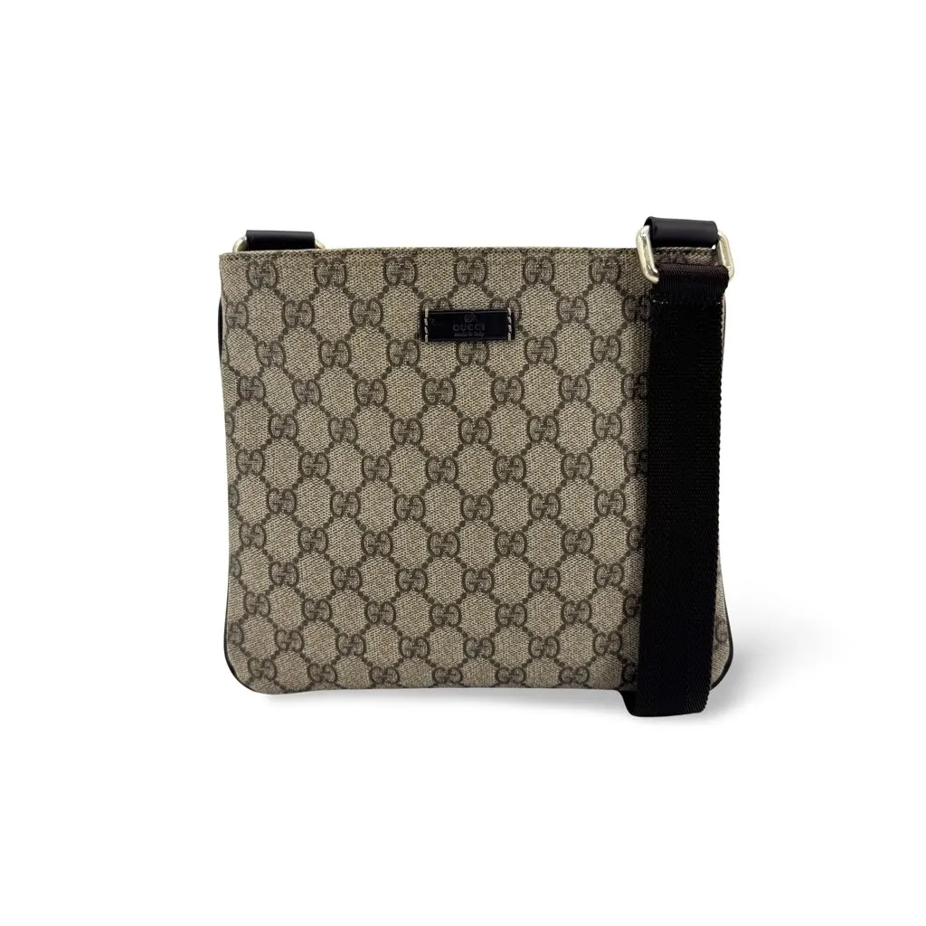 Gucci GG Supreme Flat Messenger Bag Brown Black Beige Canvas Good - Front View