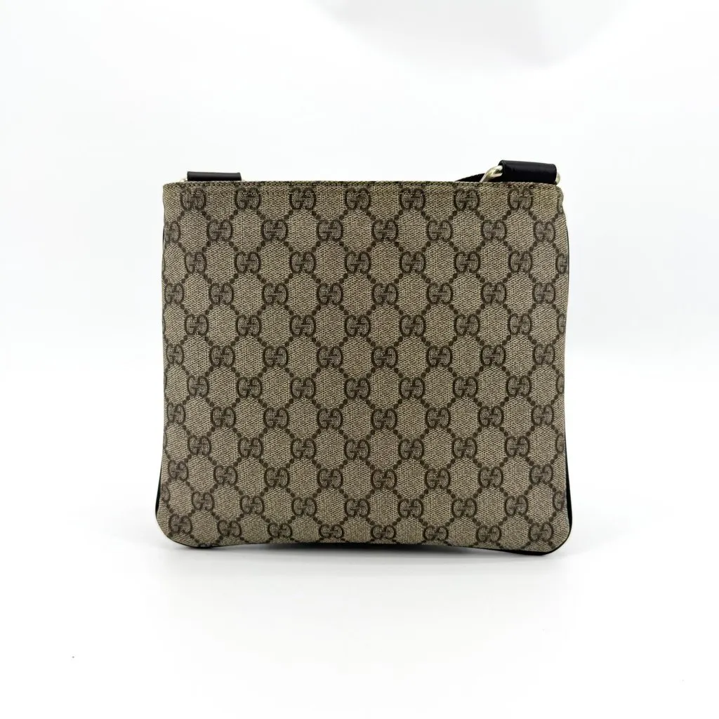 Gucci GG Supreme Flat Messenger Bag Brown Black Beige Canvas Good - Back View
