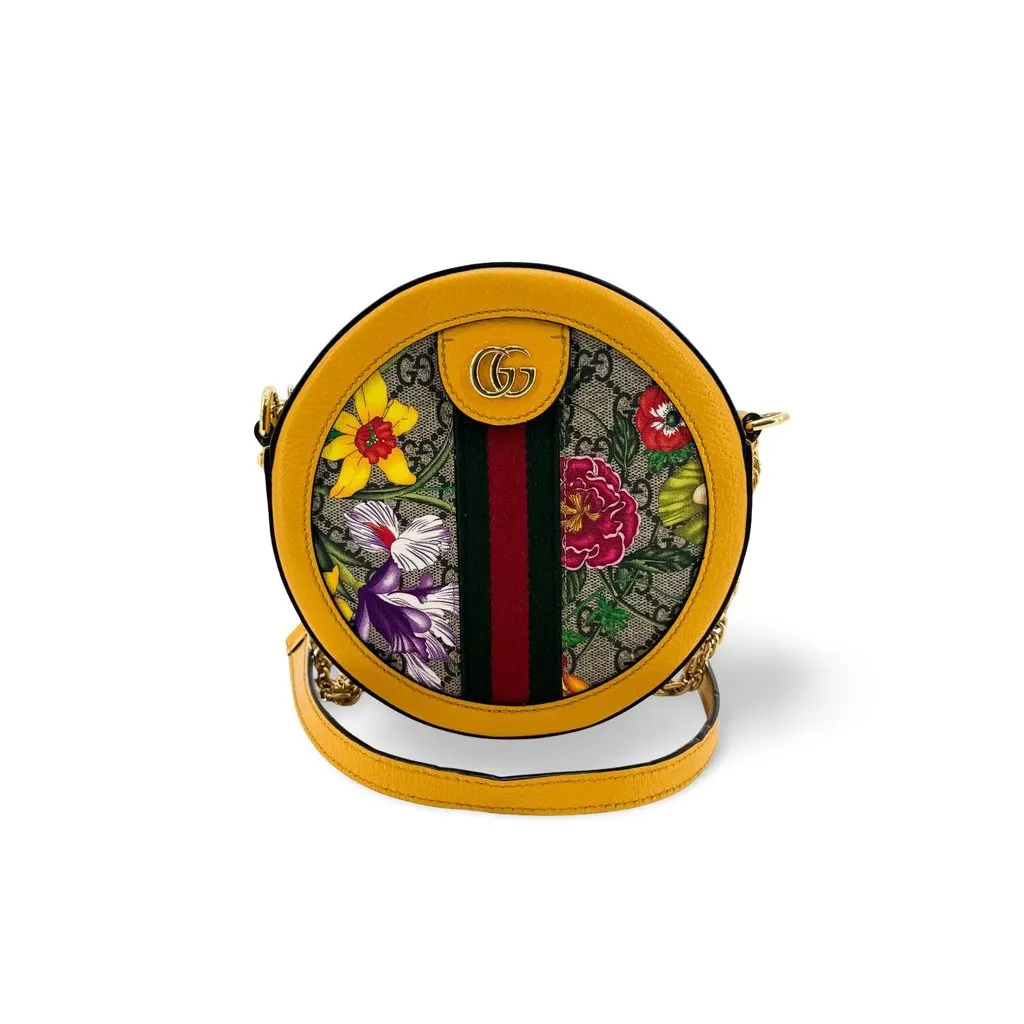 Gucci Ophidia GG Flora Round Shoulder Bag Yellow Beige Canvas Good - Front View