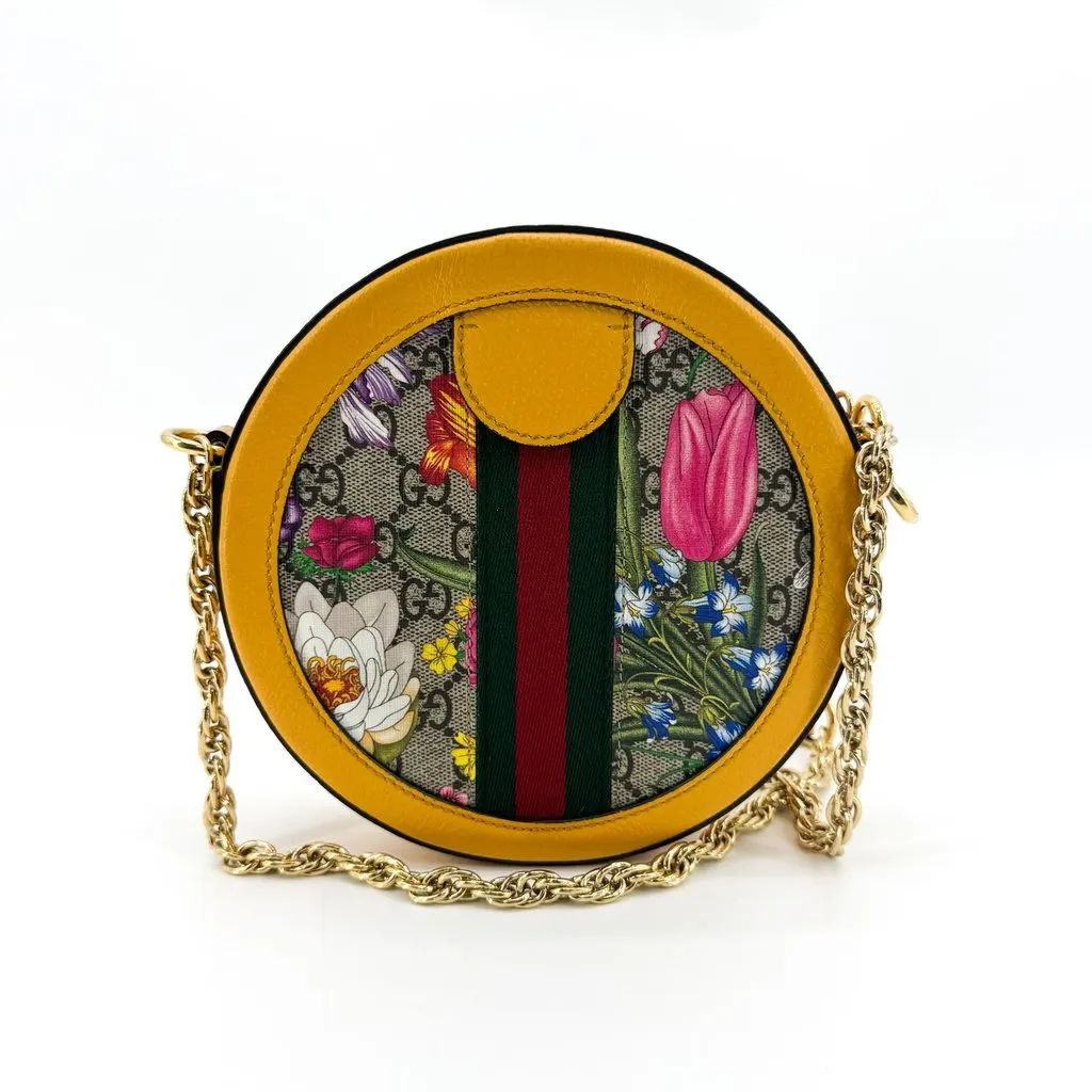 Gucci Ophidia GG Flora Round Shoulder Bag Yellow Beige Canvas Good - Inside View